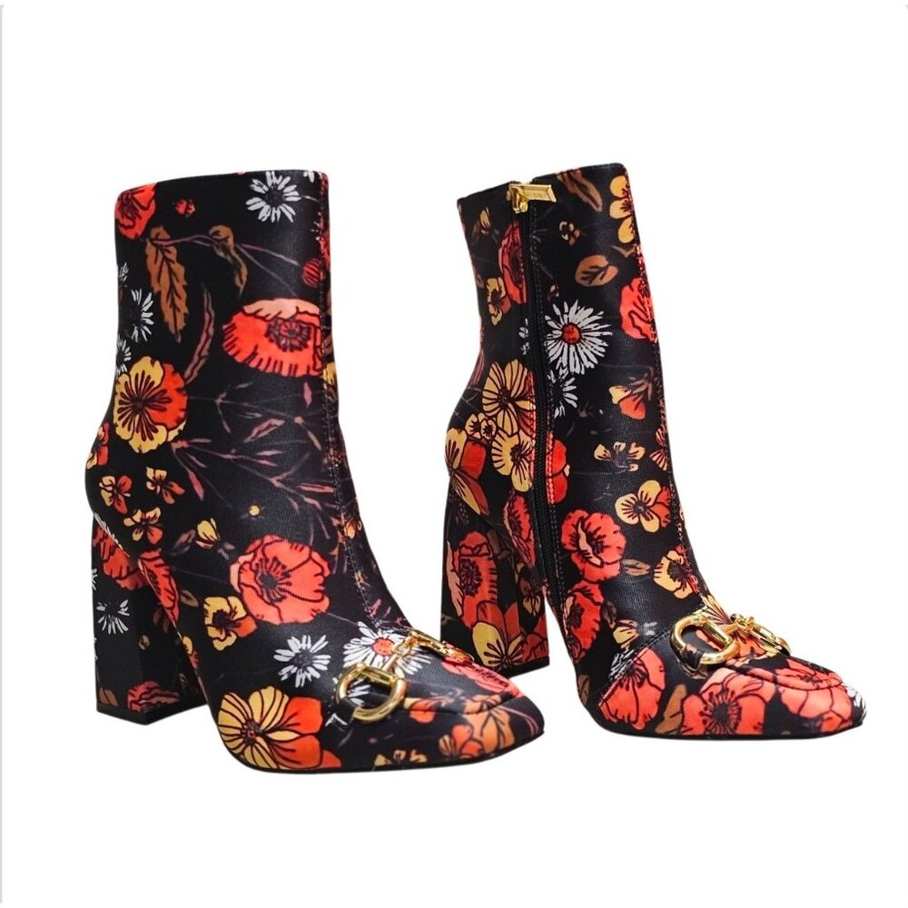 Floral Block Heel Ankle Boots With Gold Buckle Detail & Side Zipper Closure - Picture 2 of 9
